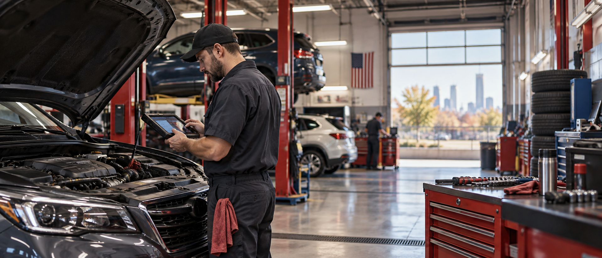 Mechanic diagnosing a car in an auto repair shop